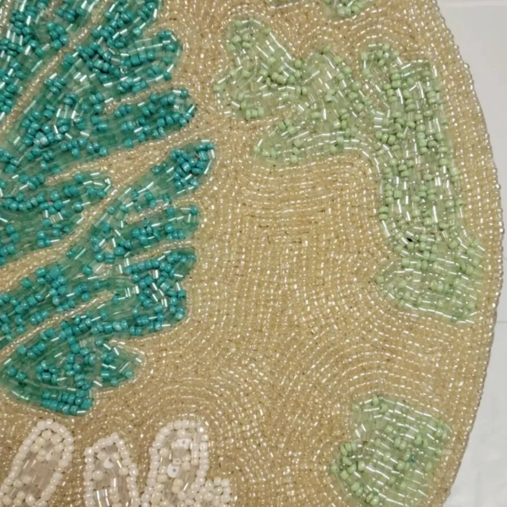 2x Coral Reef Beaded Placemat Coastal Round Centerpiece Charger Turquoise Cream